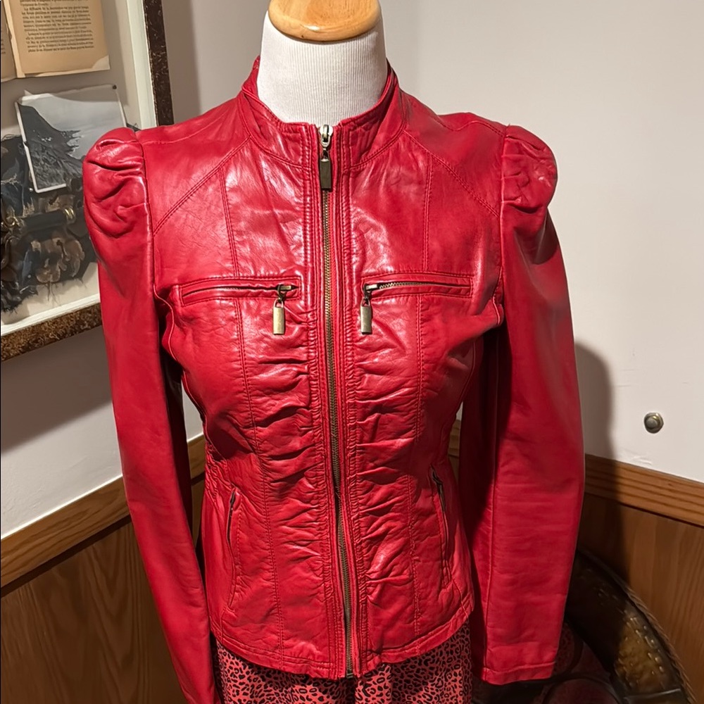 Xhilaration Red Leather Jacket with Stand-Up Collar project piece.